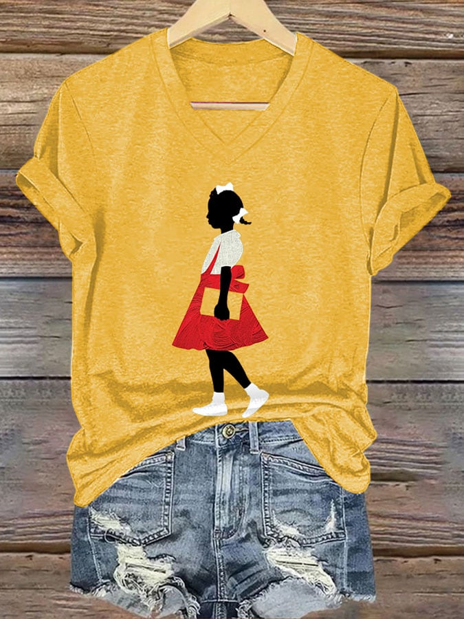 Women's Black Girl In Red Dress Art Print Cotton Long Sleeve T-Shirt